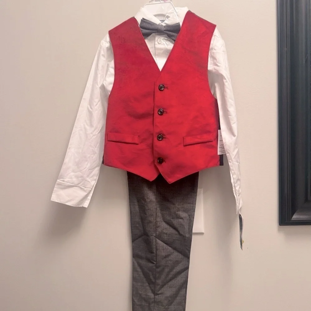Nautica Shirt,Vest,Pants and Bow-Tie Set Little Boys 7 White/Dark Red/Gray 6